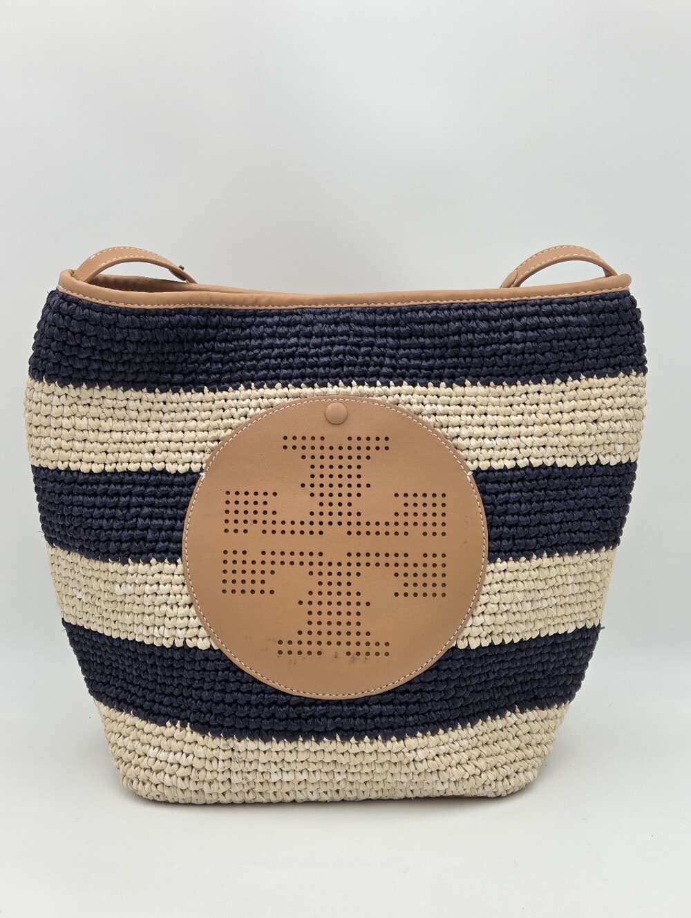 Tory Burch Raffia Tote In Navy Stripes